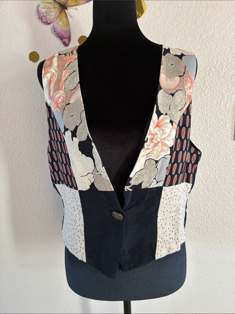 Casual Corner Black Floral Patchwork Vest with Pink Accents
